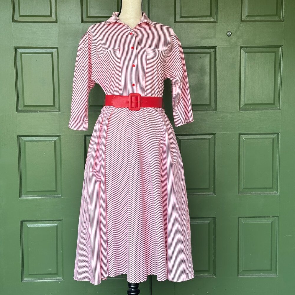 VTG Red & White Striped Fit & Flare Dress With Pockets